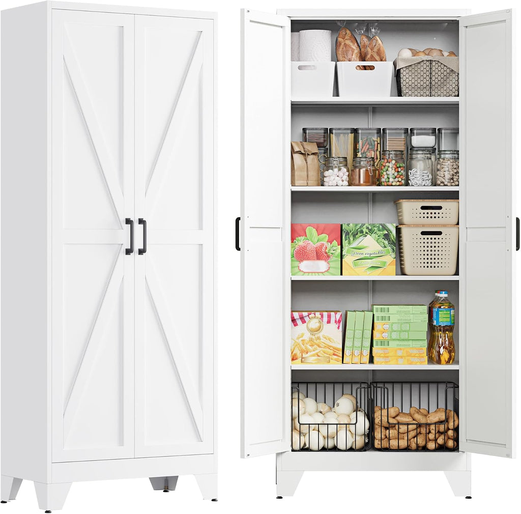 PEUKC 75' Farmhouse Metal Storage Cabinet with Doors and 4 Adjustable Shelves, Large Pantry Organizer for Kitchen, Dining Room, and Living Room,Assemble Require(White)
