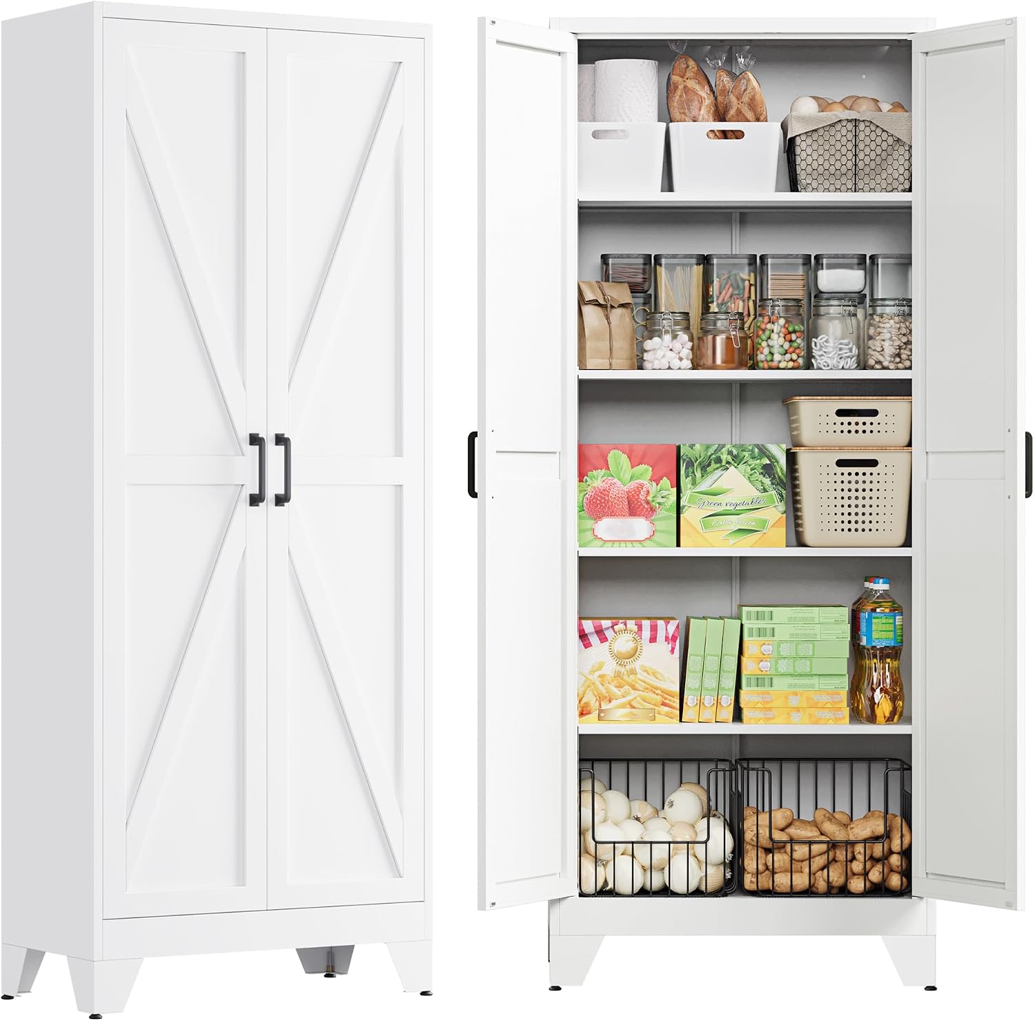 PEUKC 75' Farmhouse Metal Storage Cabinet with Doors and 4 Adjustable Shelves, Large Pantry Organizer for Kitchen, Dining Room, and Living Room,Assemble Require(White)
