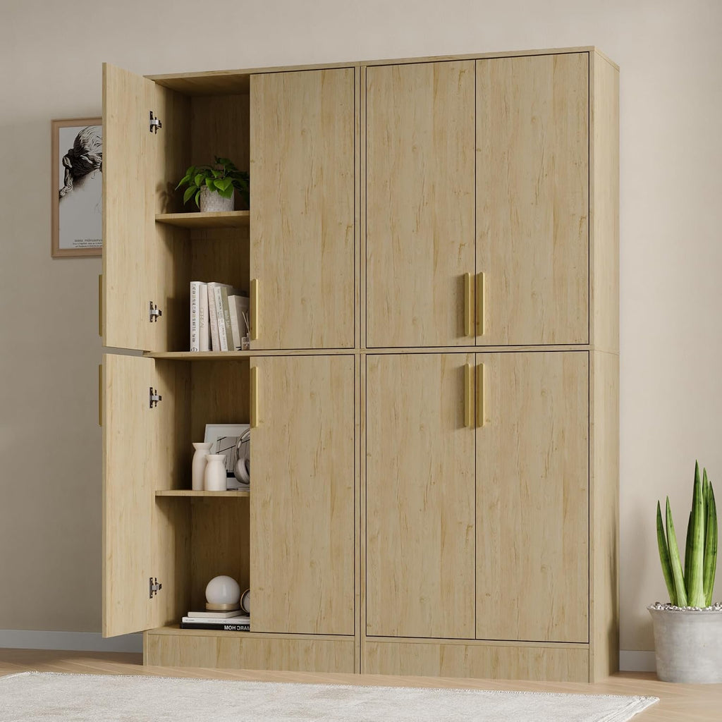 Housoul 71' Tall Pantry Cabinet with 4 Doors, Kitchen Pantry Storage Cabinet, Freestanding Larder Cupboard, Utility Kitchen Hutch with Gold Handles for Dining Room, Bathroom, Natural