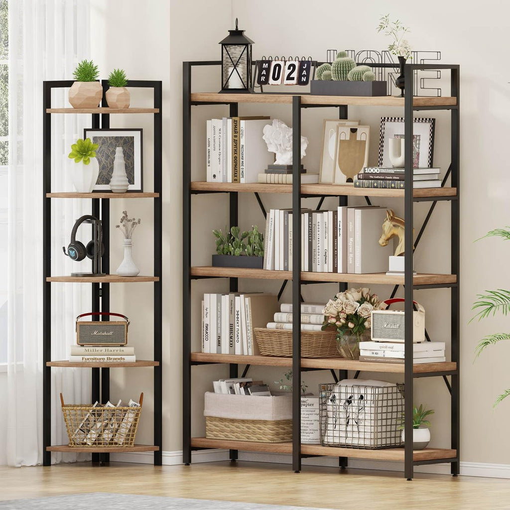 FATORRI Tall Corner Shelf, Industrial Corner Bookshelf, Wood and Metal Corner Shelf Stand for Living Room, Rustic Display Plant Stand for Home Office (Rustic Oak)