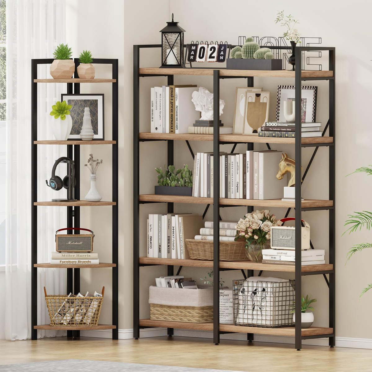 FATORRI Tall Corner Shelf, Industrial Corner Bookshelf, Wood and Metal Corner Shelf Stand for Living Room, Rustic Display Plant Stand for Home Office (Rustic Oak)