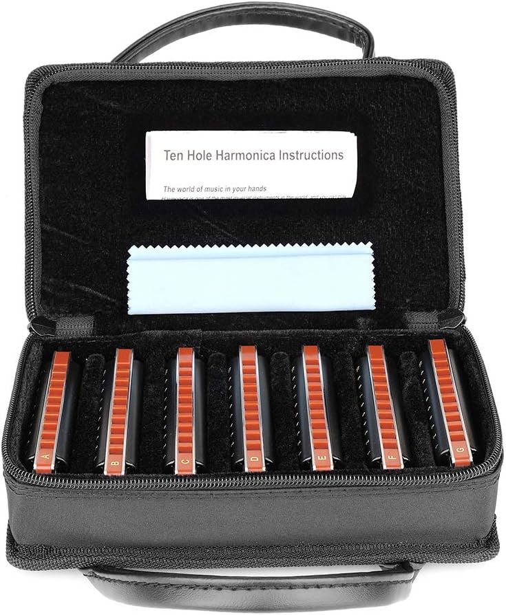 Easttop Harmonica Sets 7 Keys in Key of A B C D E F G 10 Hole 20 Tones with Case Bag & Cleaning Cloth for Adult, Professional Player,Beginner,Heavy Duty, Black