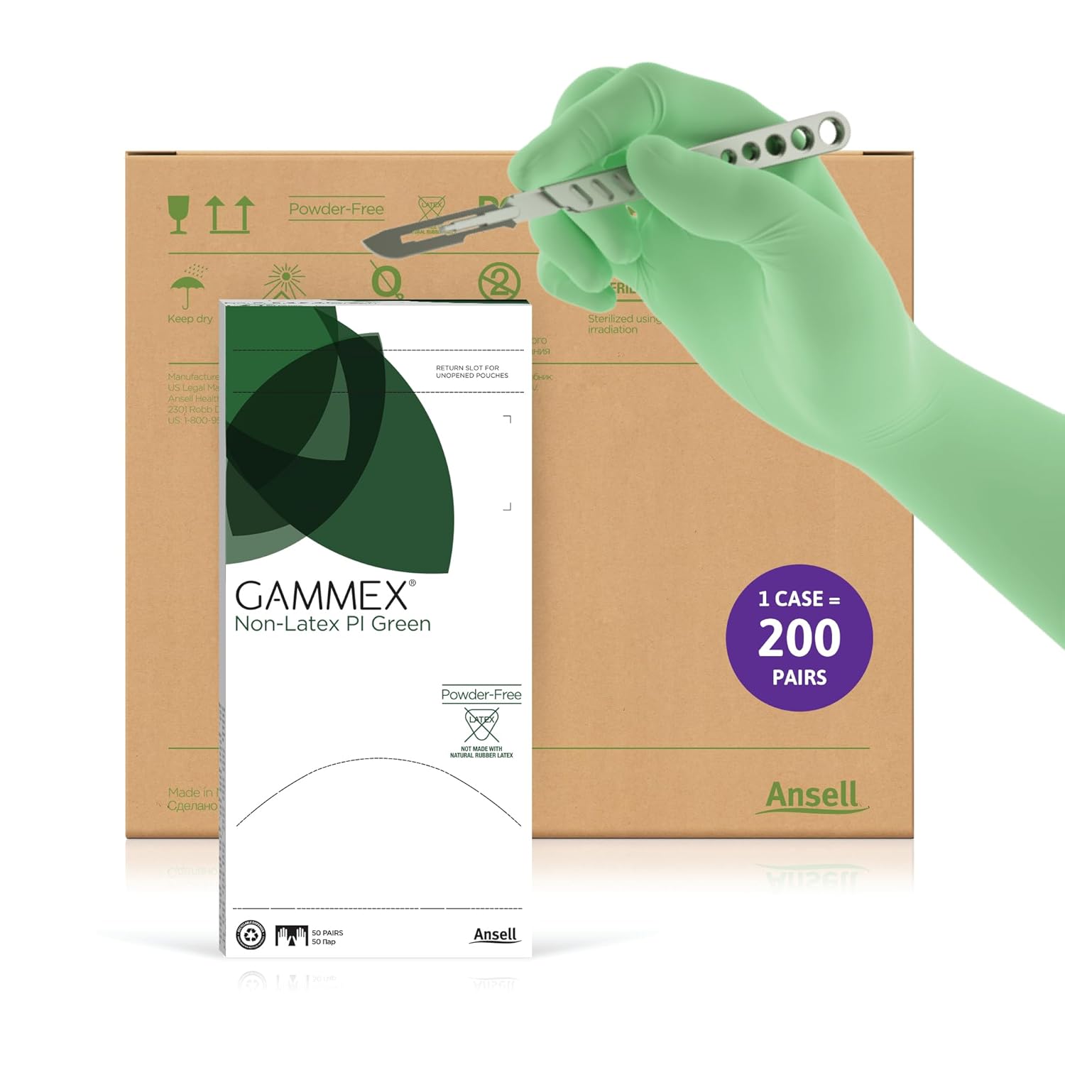 Ansell GAMMEX Non-Latex PI Micro-Texture Surgical Gloves for Healthcare, Size 5.5 Green (Case of 200)