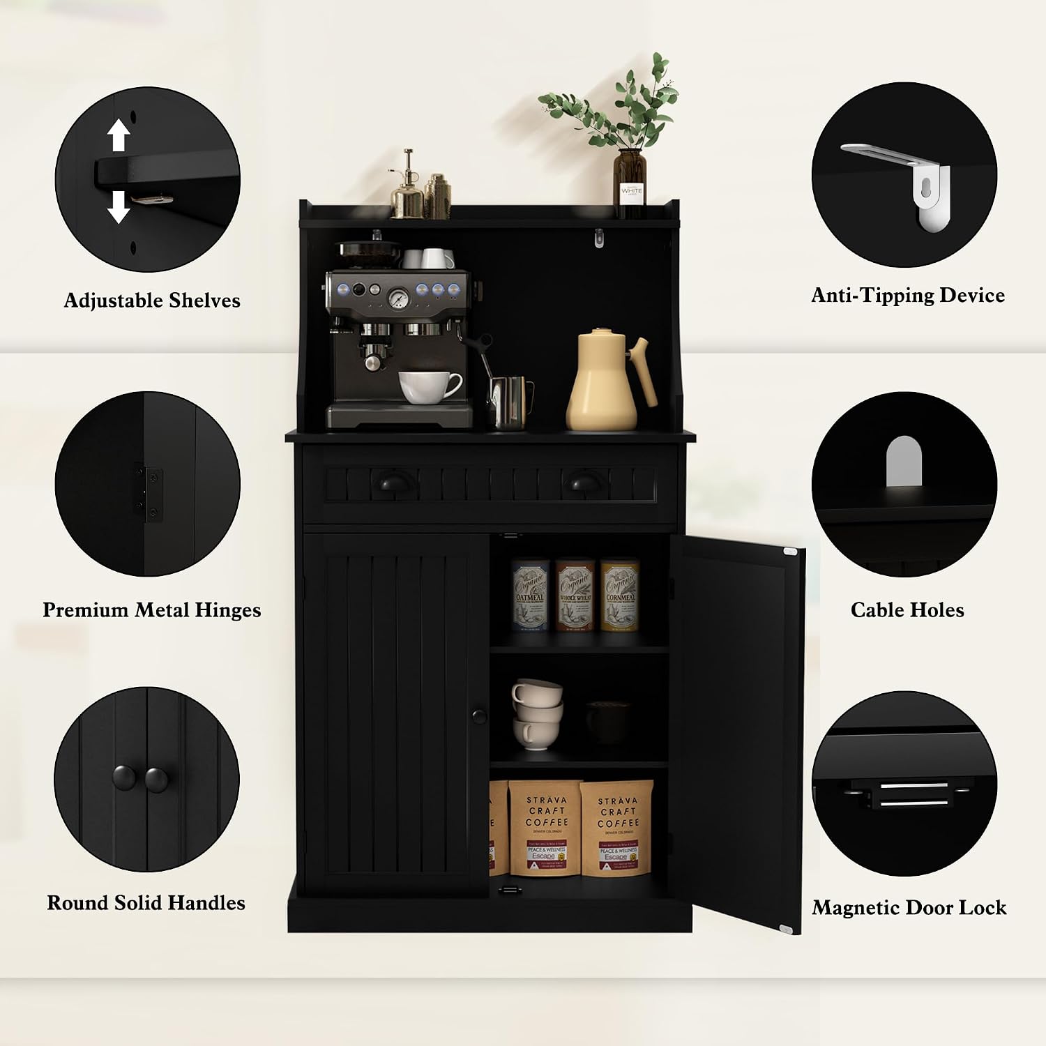 ARTPOWER 54' Kitchen Microwave Cabinet/Stand with Storage and Drawers, Pantry Storage Cabinet with Hutch & Adjustable Shelves for Kitchen, Dining Room, Living Room, Hallway in Black