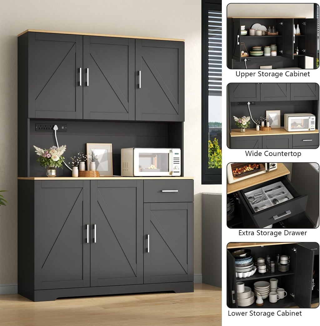 Gyfimoie 71'' Farmhouse Kitchen Pantry Cabinet, Tall Storage Cabinet with Power Outlet, Freestanding Hutch with Drawer, 4 Adjustable Shelf & 6 Doors for Kitchen Living Room (Black)