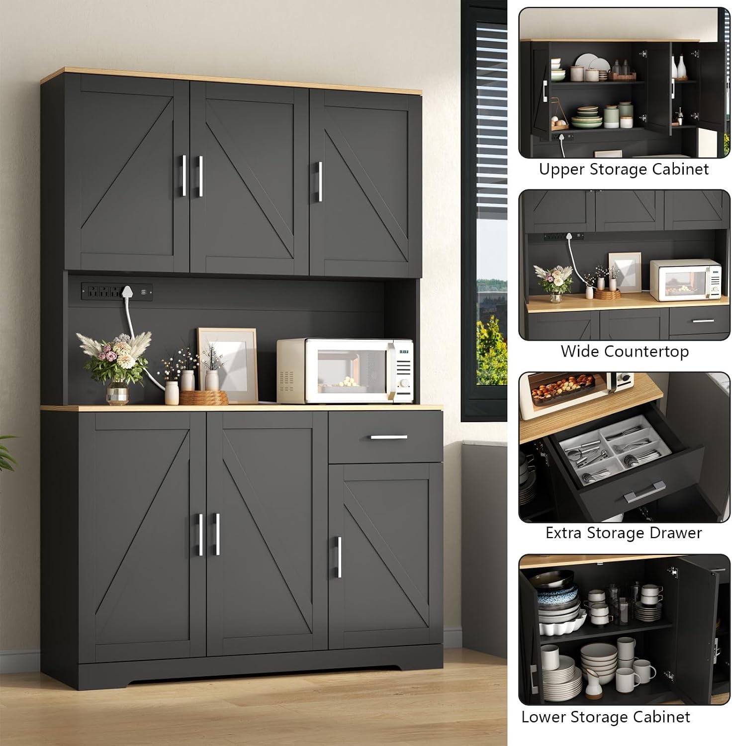 Gyfimoie 71'' Farmhouse Kitchen Pantry Cabinet, Tall Storage Cabinet with Power Outlet, Freestanding Hutch with Drawer, 4 Adjustable Shelf & 6 Doors for Kitchen Living Room (Black)