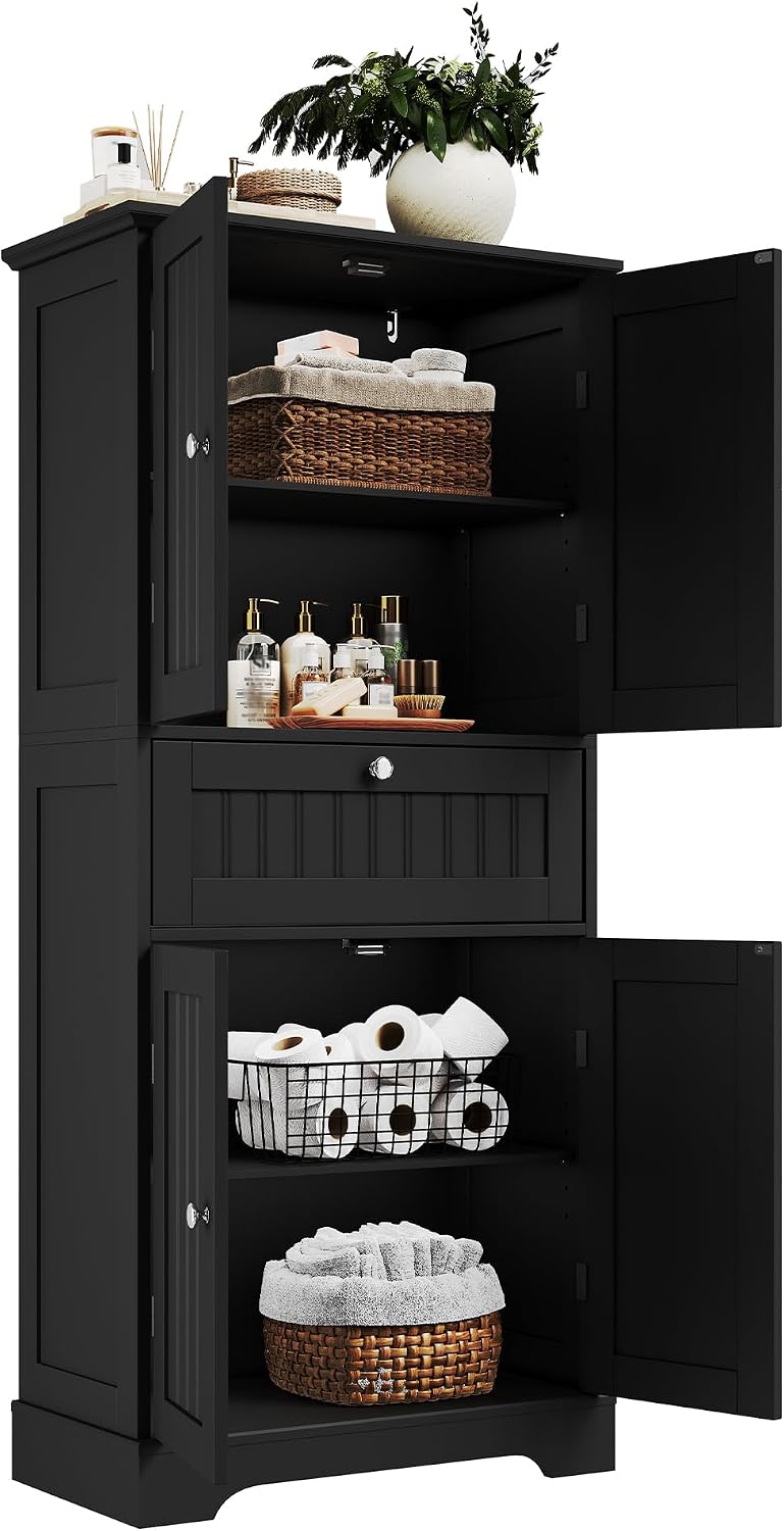 ChooChoo 51' H Tall Bathroom Floor Cabinet, Modern Bathroom Storage Cabinet with Drawer and Adjustable Shelves, Freestanding Kitchen Pantry Cupboard with 4 Doors for Living Room, Black