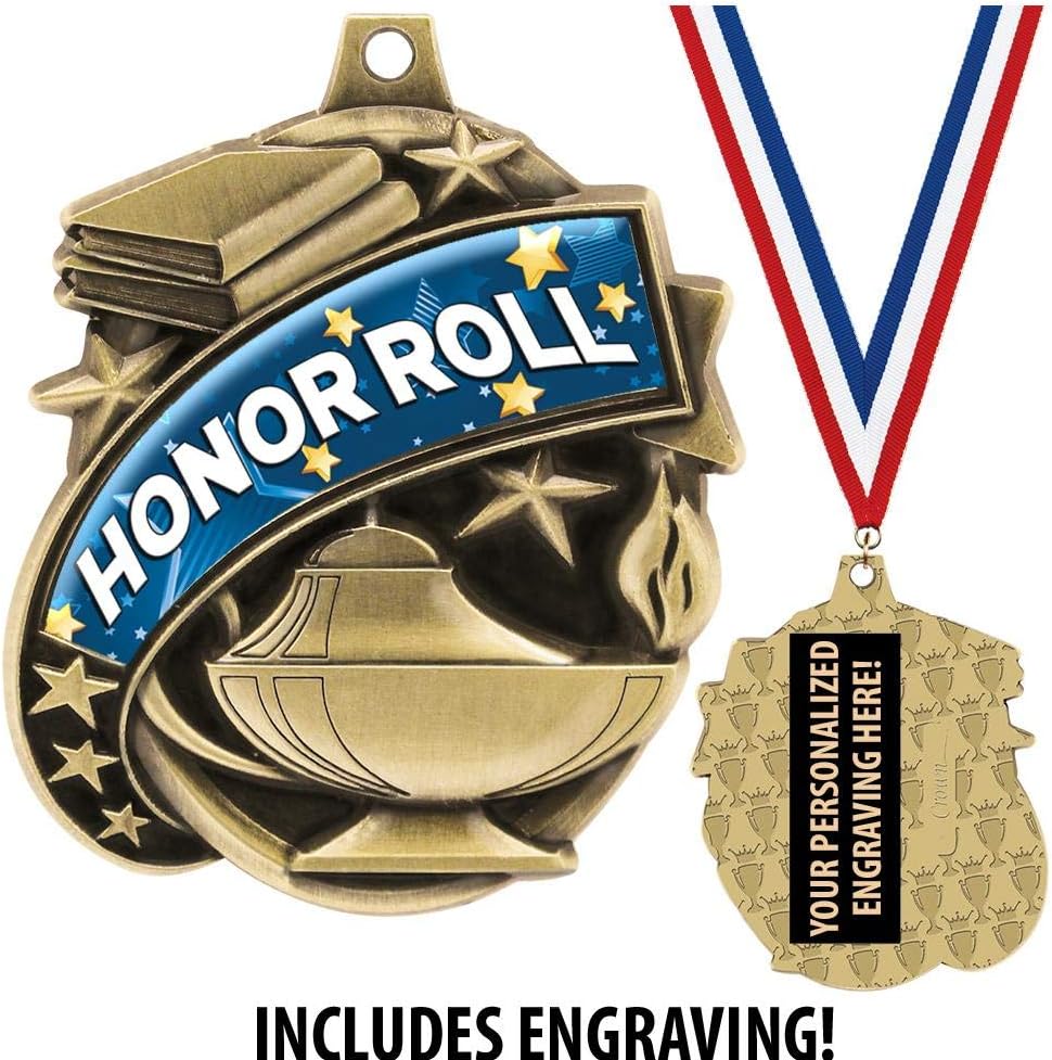 Honor Roll Medals - 1 1/2' Gold Honor Roll Medal, Great Academic Awards with Custom Engraving