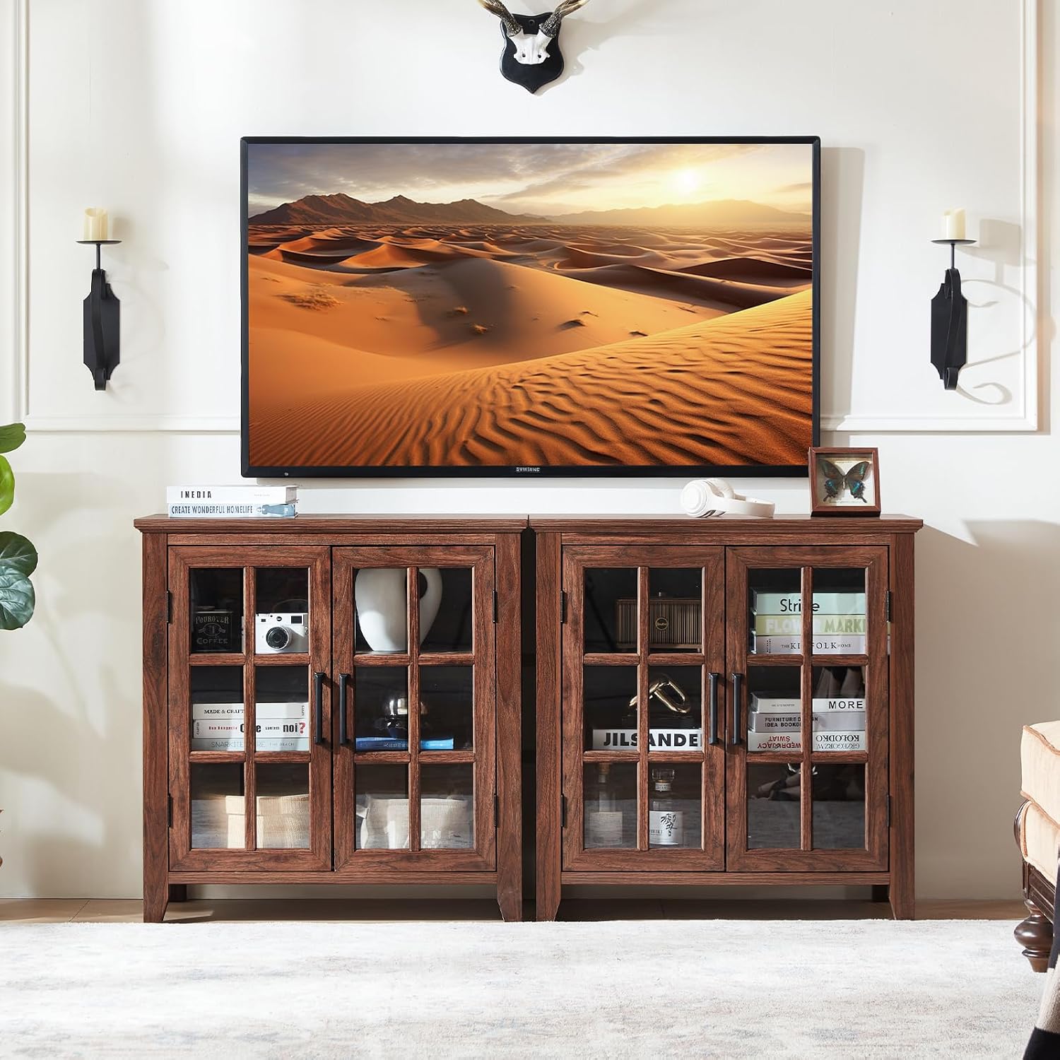 Joaxswe Large Sideboard Buffet Cabinet with Storage, 32' Farmhouse Brown Kitchen Coffee Wine Bar Cabinet with 2 Glass Doors, Wood Mid Century Modern Side Board Table for Dining Room, Living Room