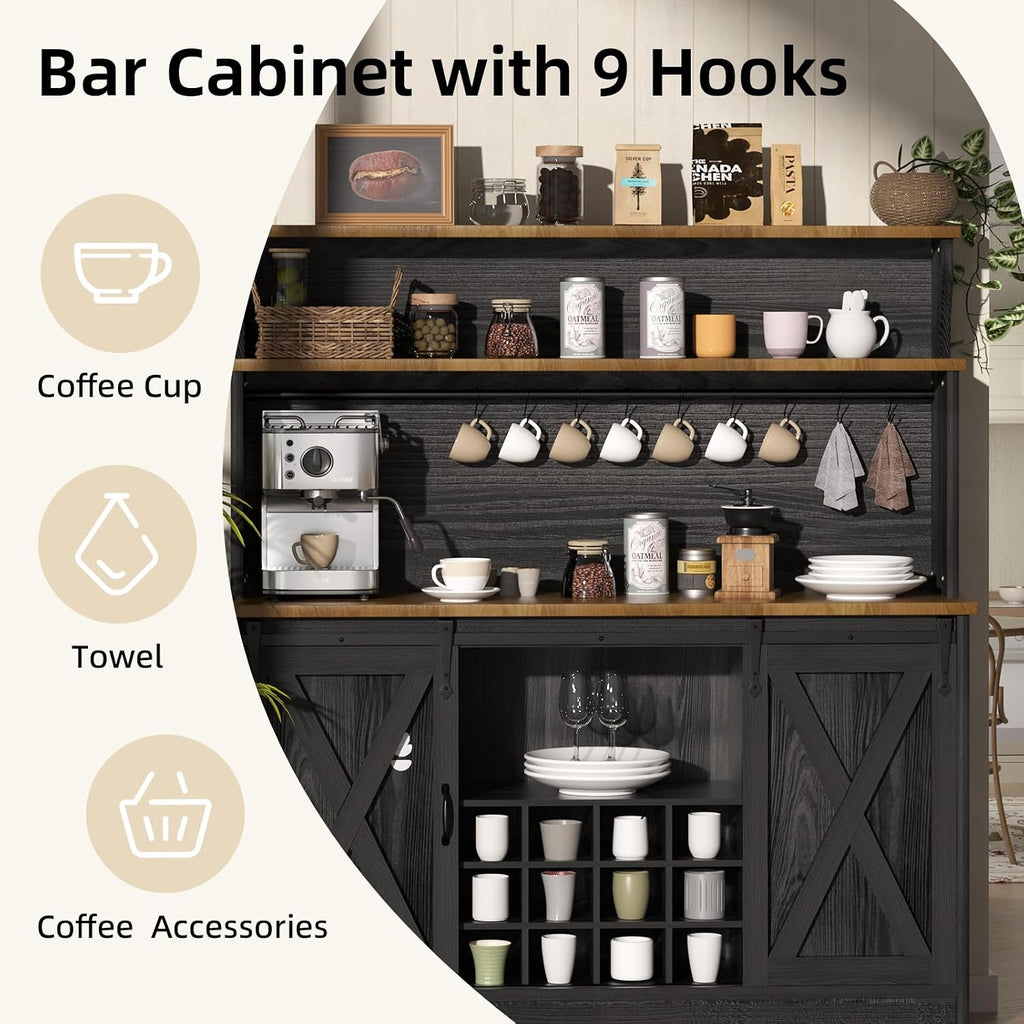 BestHaped 55'' Farmhouse Coffee Bar Cabinet with 3 Tier Storage Hutch, Coffee Bar Station with Sliding Barn Door, Hutch Storage Cabinet with 12 Wine Racks & 9 Hooks for Kitchen Dining Living Room