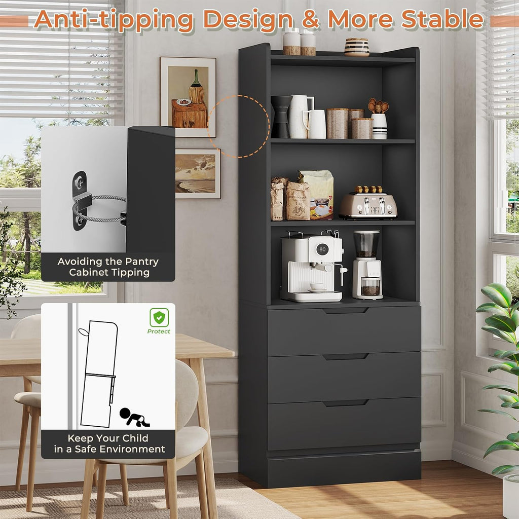 DICTAC Bookcase with 3 Drawers and Shelves 73.23'' Tall Bookshelf with Storage Modern Wood Closet Drawers System,Closet Organizer Unit Freestanding Tall Storage Cabinet for Home Office,Bathroom,Black