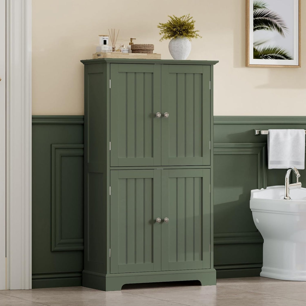 ChooChoo Bathroom Floor Cabinet, Modern Bathroom Storage Cabinet with 4 Doors and Adjustable Shelves, Freestanding Cupboard for Living Room, Green