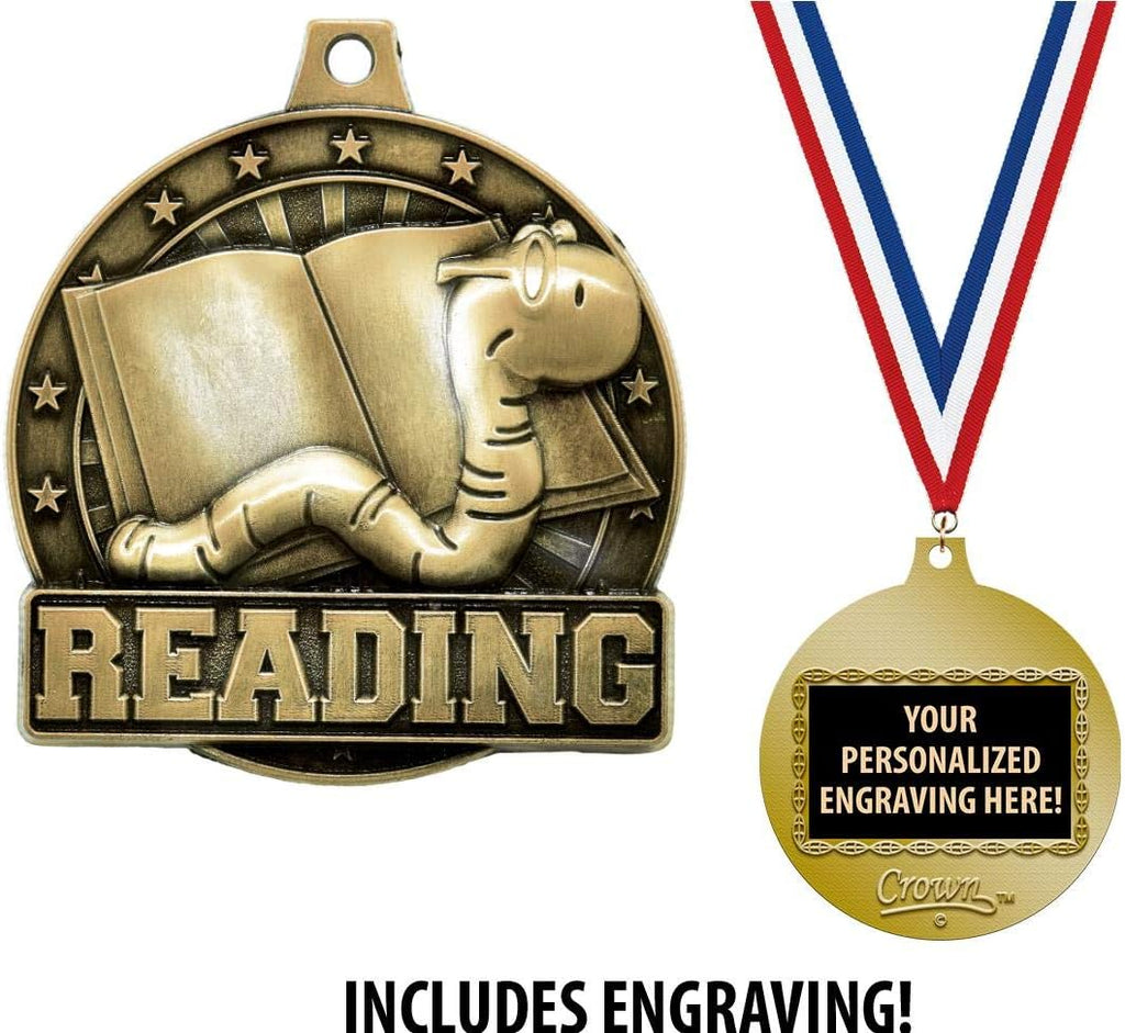 Crown Awards Reading Medals, 2' Gold Reading Bookworm Medal Award with Free Custom Engraving