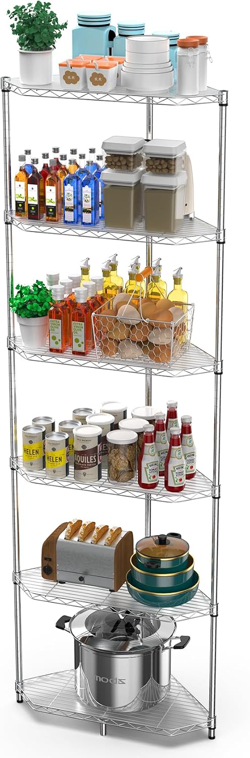 6 Tier NSF Corner Wire Shelf Shelving Unit, 20 x 20 x 72 Inch 600lbs Capacity Heavy Duty Adjustable Metal Storage Rack with Leveling Feet & Shelf Liners for Office Kitchen Bathroom and More - Chrome