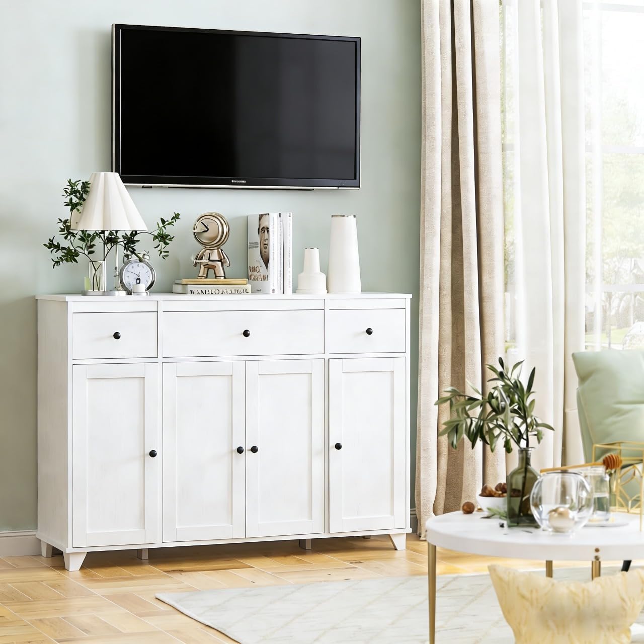 HIFIT Buffet Cabinet White Sideboard Storage Cabinet with 3 Drawers & 4 Doors Adjustable Shelves, 47' Modern Coffee Bar Cabinet, Wood Accent Cabinet for Kitchen Cupboard Dining Living Room
