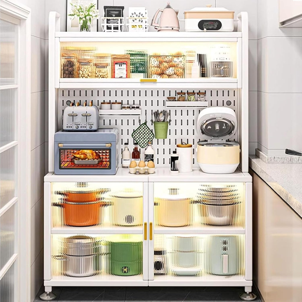 JKGHK 5-Tier Kitchen Baker's Rack, Microwave Stand with Flip Door Cabinet, Kitchen Hutch Storage Cabinets with Pegboard, Sideboard Buffet Cabinet for Garage Pantry Home(White,80cm/31.4in)