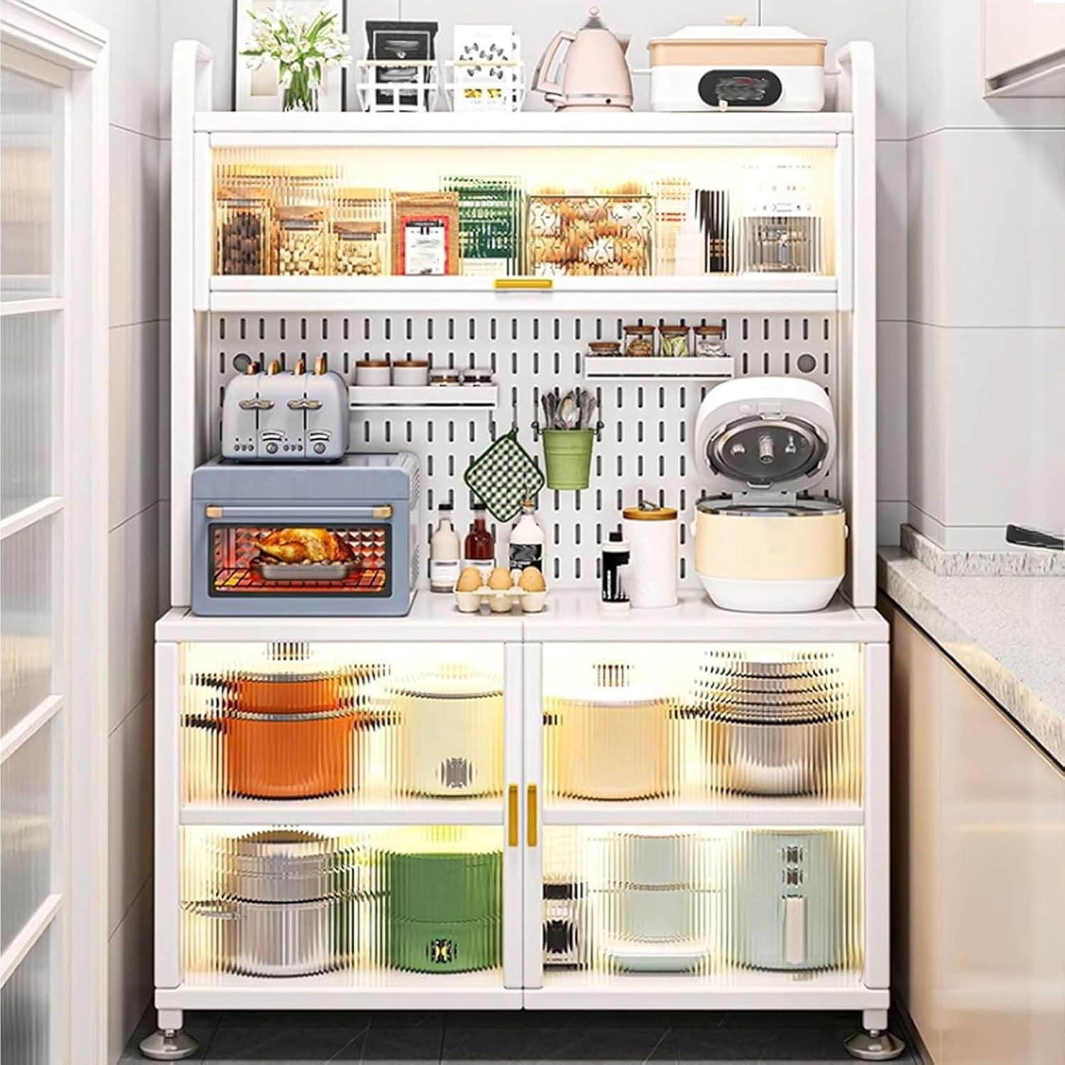 JKGHK 5-Tier Kitchen Baker's Rack, Microwave Stand with Flip Door Cabinet, Kitchen Hutch Storage Cabinets with Pegboard, Sideboard Buffet Cabinet for Garage Pantry Home(White,80cm/31.4in)