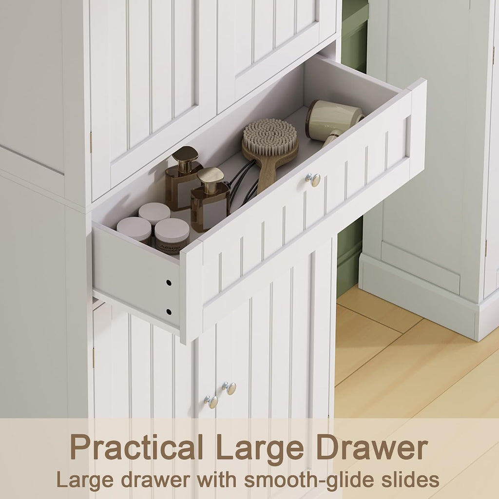 ChooChoo 72' H Tall Bathroom Floor Cabinet, Modern Bathroom Storage Cabinet with Drawer and Adjustable Shelves, Freestanding Kitchen Pantry Cupboard with 4 Doors for Living Room, White