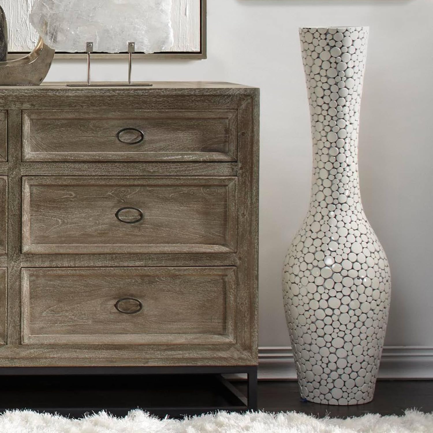 Z Gallerie Wood Oslo Floor Vase, Modern Flower Vase for Elegant Home Decor, Designed for Decorative Flowers & Foliage Living Room, Dining Room & Bedroom, White 12.60' D X 45' H