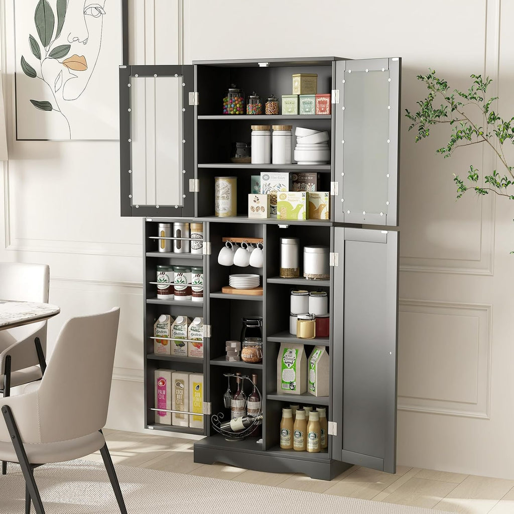 LOKO 63.5' Tall Kitchen Pantry Storage Cabinet, Freestanding Food Storage Cabinet with Glass Doors, Storage Shelves & Door Racks, Modern Cupboard for Dining Room, Living Room (Black)