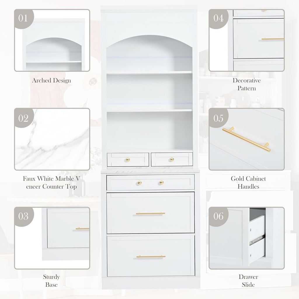 84' Freestanding Storage Cabinet with 5 Drawers, Kitchen Storage Bakers Rack with Faux Marble Top, Utility Food Cupboard with Adjustable Shelf for Kitchen Dining Room, White
