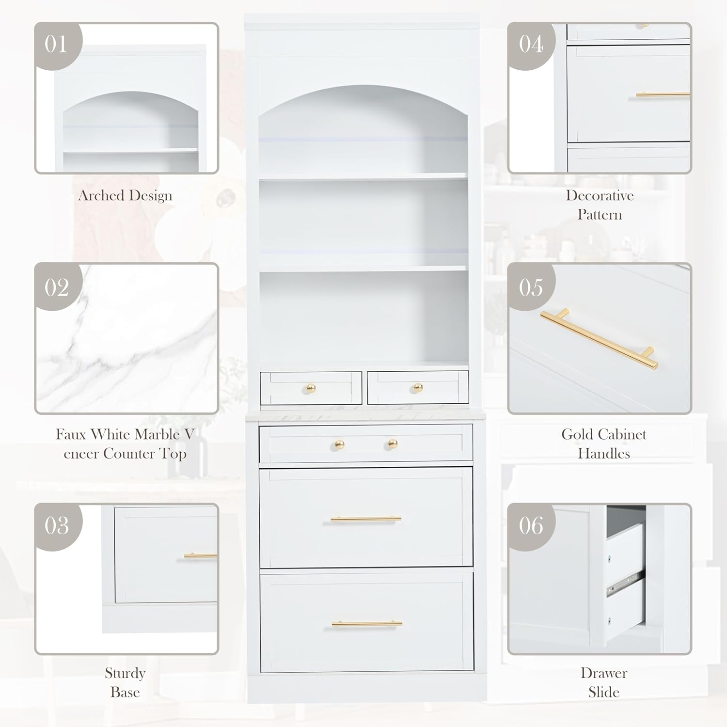 84' Freestanding Storage Cabinet with 5 Drawers, Kitchen Storage Bakers Rack with Faux Marble Top, Utility Food Cupboard with Adjustable Shelf for Kitchen Dining Room, White
