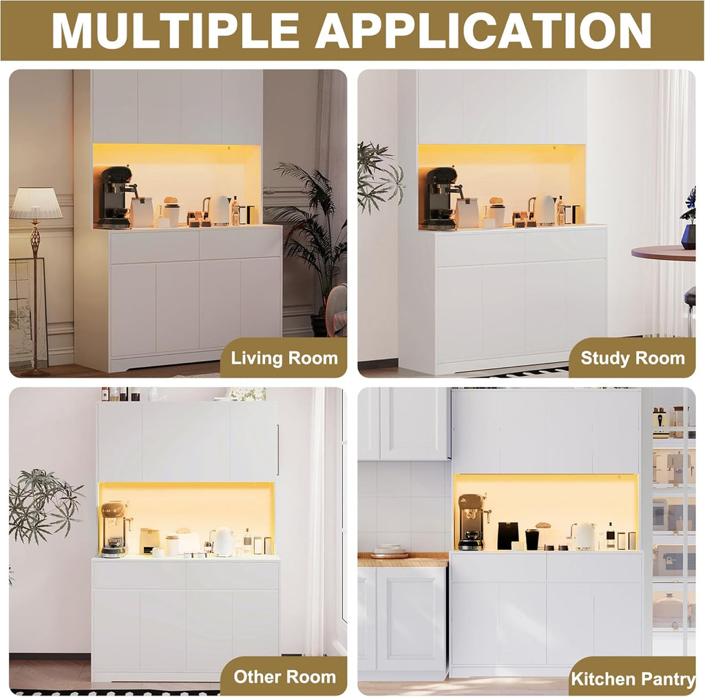 71' Tall 47' Wide Large Kitchen Pantry Storage Cabinet w/ Power Outlet,Led Light, Kitchen Hutch Pantry Cabinet w/ 2 Drawer and 8 Doors,Modern Freestanding Buffet Cabinets for Kitchens,Dining Room
