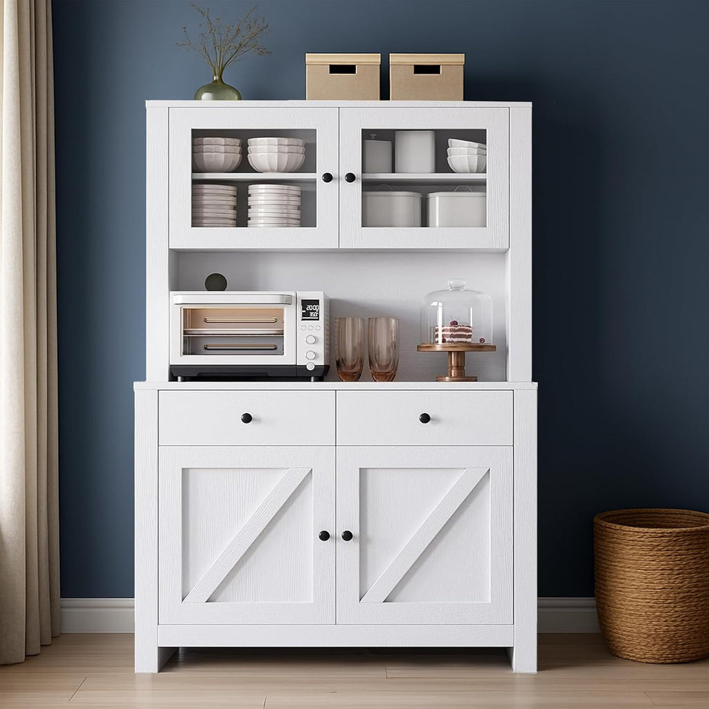 IDEALHOUSE 63' Kitchen Pantry Cabinet with Drawers, Hutch Cabinet with Storage, Microwave Stand, Adjustable Shelves, Freestanding Tall Pantry Storage for Dining Room, Living Room, White