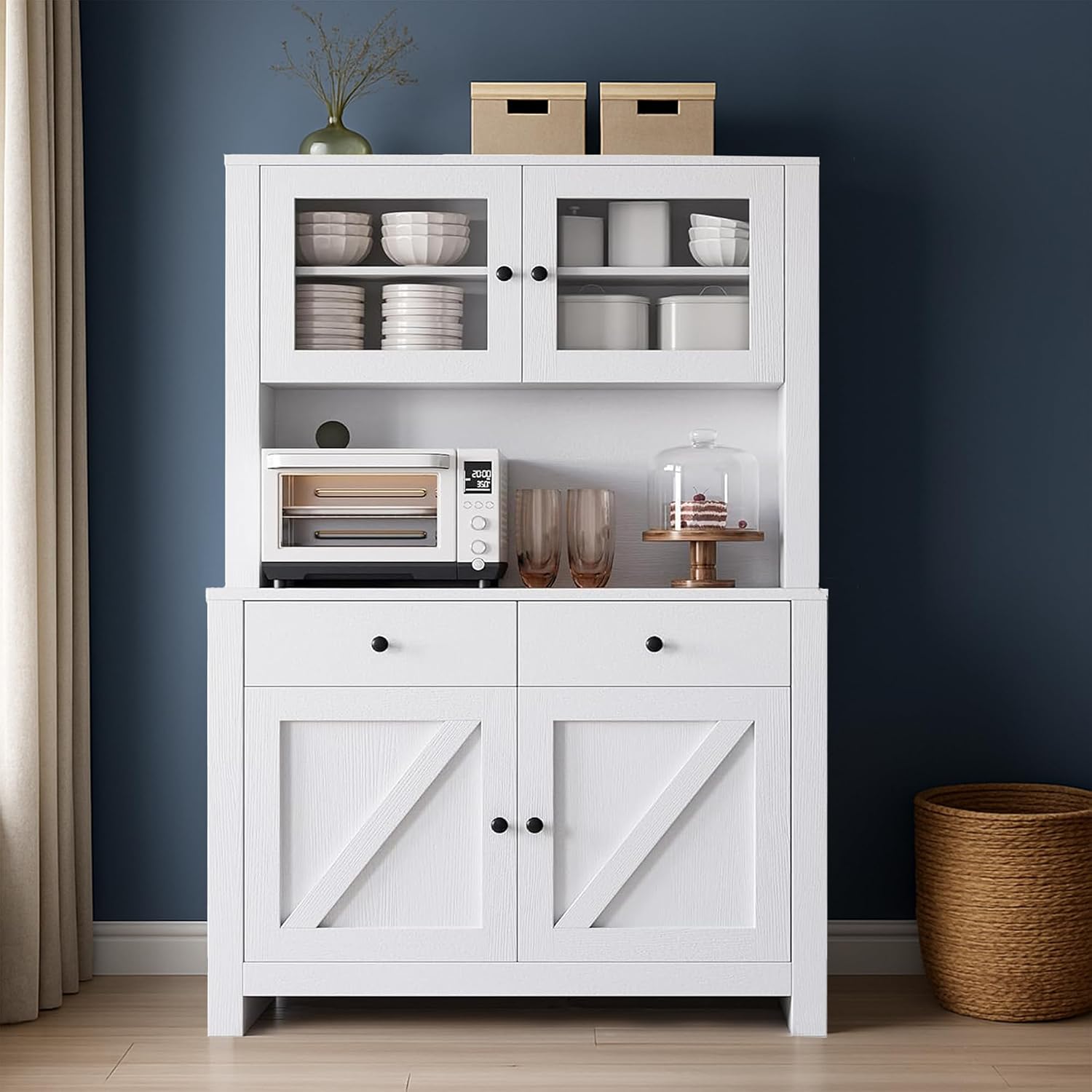 IDEALHOUSE 63' Kitchen Pantry Cabinet with Drawers, Hutch Cabinet with Storage, Microwave Stand, Adjustable Shelves, Freestanding Tall Pantry Storage for Dining Room, Living Room, White