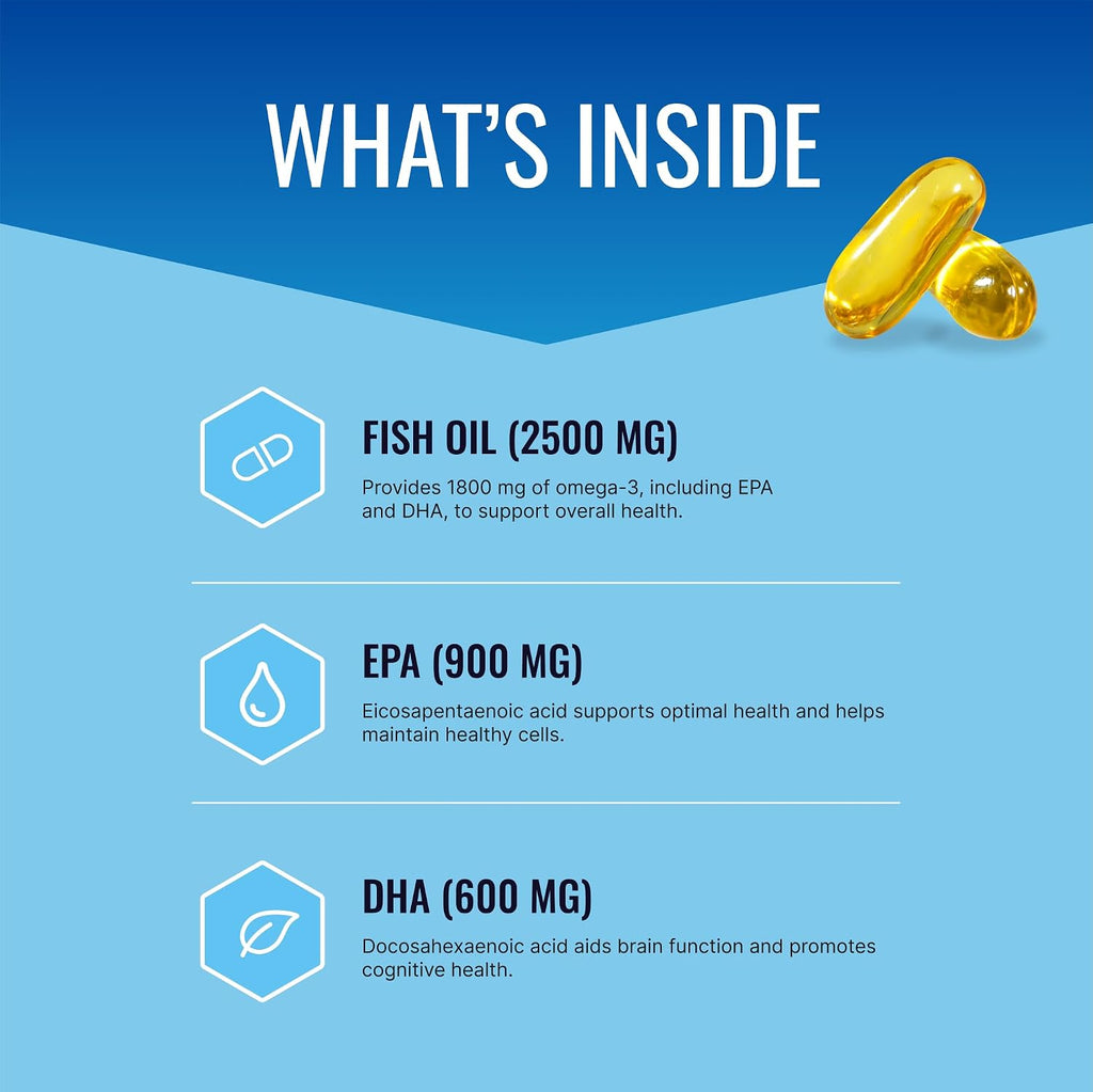 Omega-3 MD - EPA & DHA Supplement - 2500mg Omega 3 Fish Oil for Heart Health, Brain Support, Joint Comfort, & Overall Wellness - 2 Bottles - 6 Month Supply