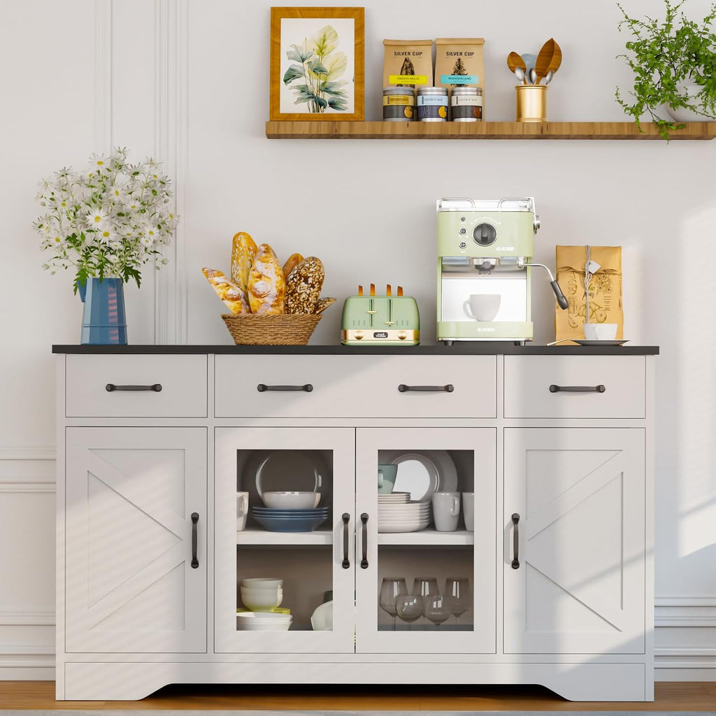 Likein Sideboard Buffet Cabinet with Storage, 55' Kitchen Coffee Bar Cabinet with 3 Drawers & Glass Doors, Farmhouse Sideboard Buffet Table with Adjustable Shelves for Living Room, Dining Room, White
