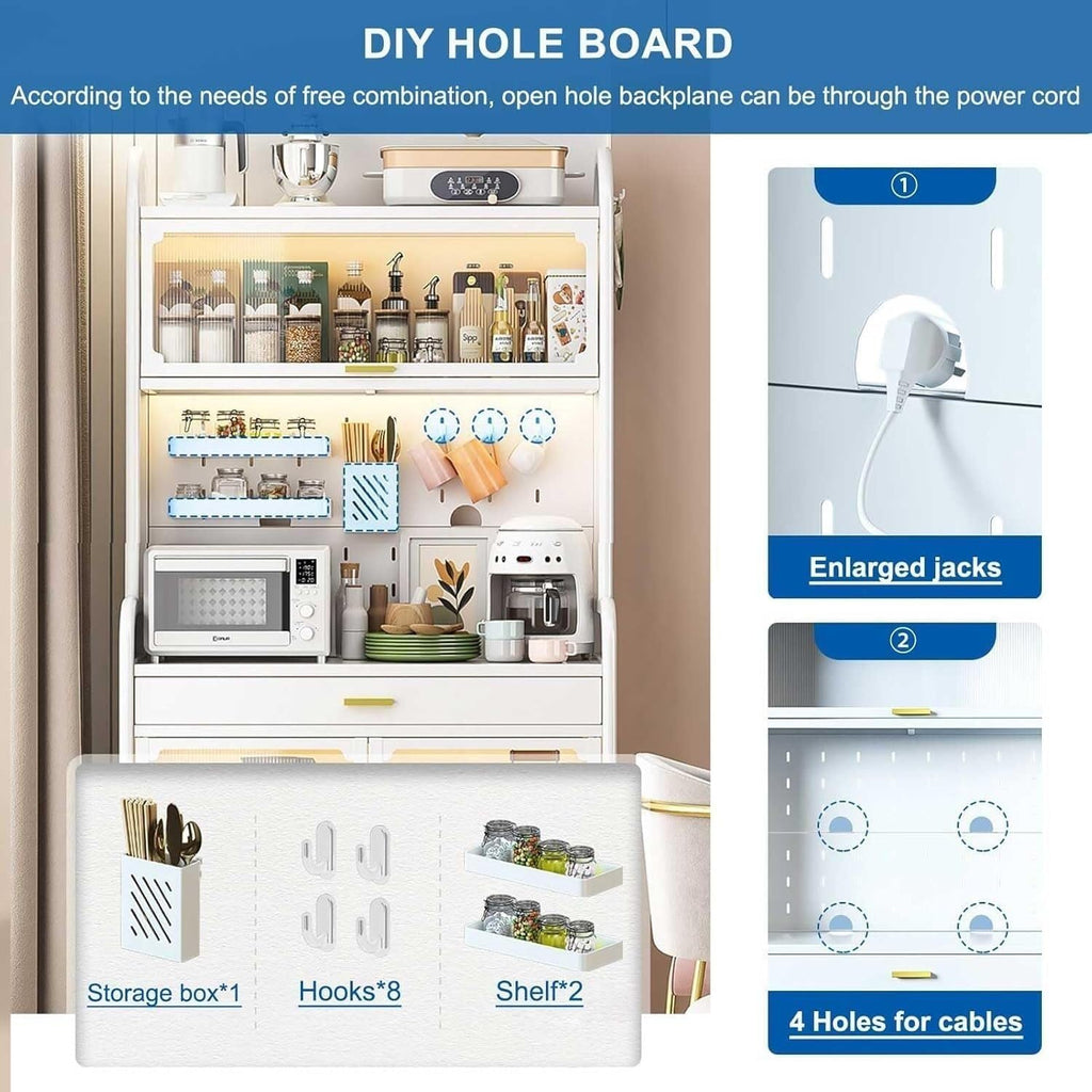 5-Tier White Baker's Rack with Drawer, Microwave Stand & Adjustable Shelves – Multi-Functional Kitchen Storage Cabinet with Pegboard, Magnetic Door Latch, and Coffee Bar Space(147.5x60cm/58x23.6in)