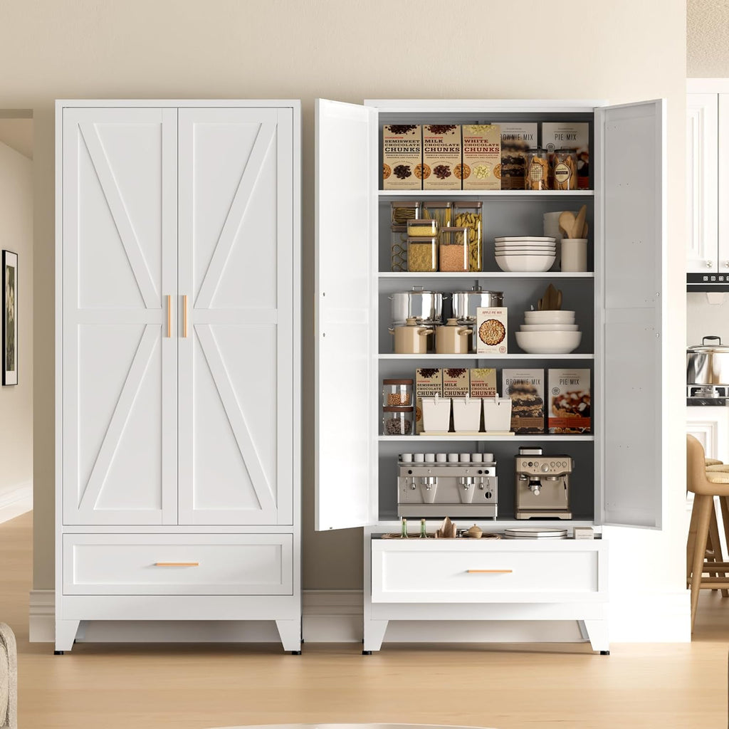 COFaR Metal Storage Cabinet, Farmhouse Storage Cabinet with 2 Doors and 4 Adjustable Shelves - 71' White Kitchen Pantry Storage 5-Tier Tall Steel Cabinets Locker for Kitchen, Living Room, Dining Room