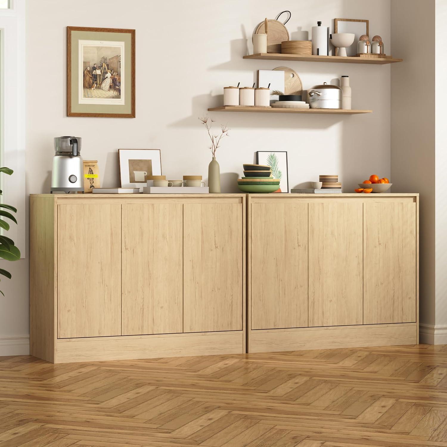 Housoul Buffet Cabinet with Storage, Coffee Bar Cabinet with 3 Doors and Adjustable Shelf, Modern Kitchen Buffet Sideboard for Living Room, Kitchen, Natural