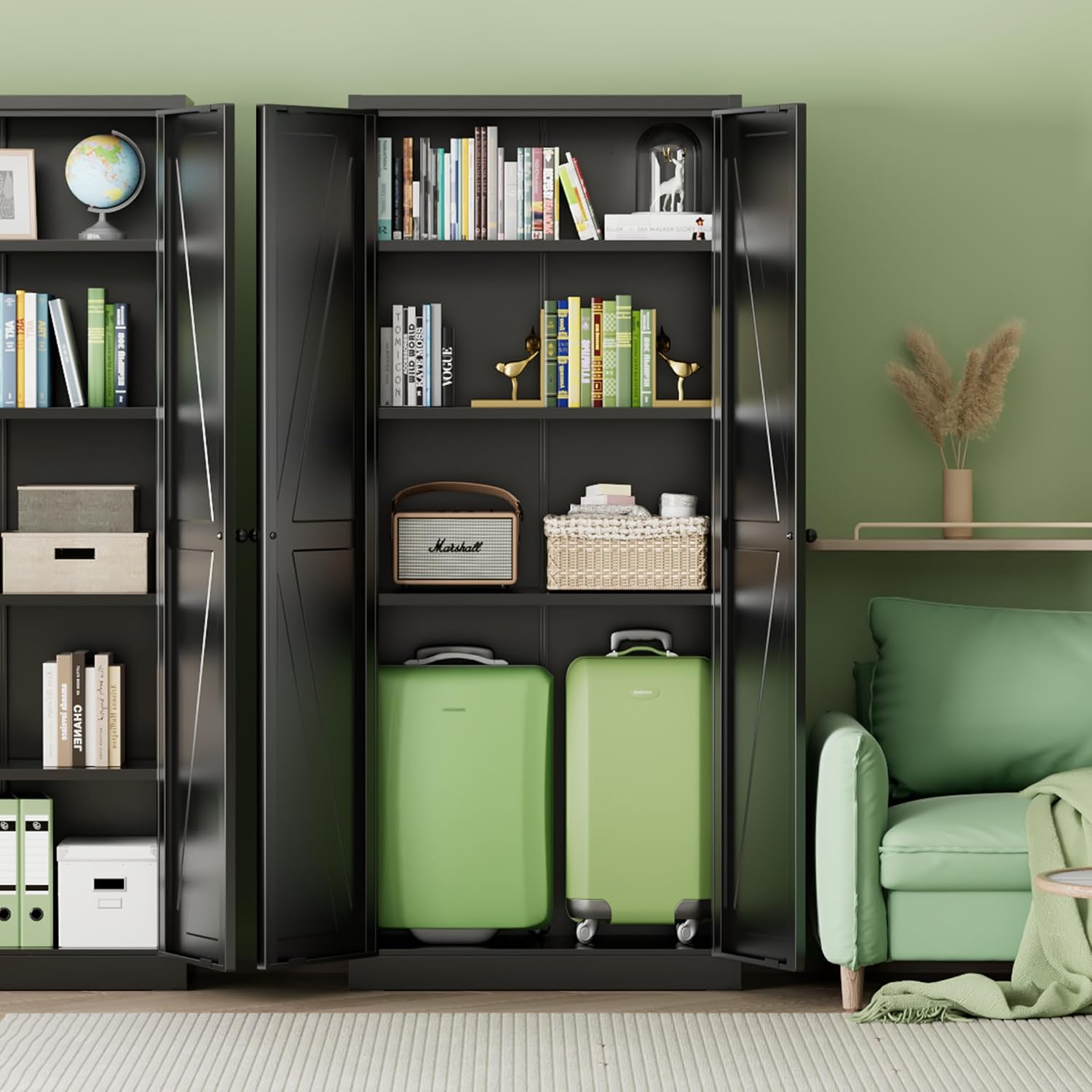 INTERGREAT Metal Storage Cabinet with Magnetic Doors, 63' H Modern Classic Style Metal Cabinets with 2 Doors and 4 Adjustable Shelves for Home Office, Kitchen, Bathroom (Black)