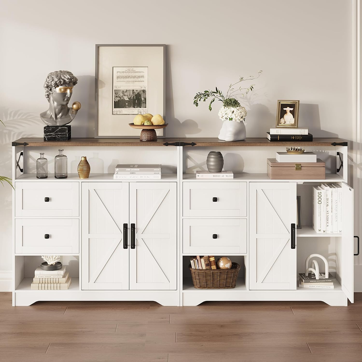 Fameill Farmhouse Storage Cabinet with Drawers and Open Storage,Freestanding Kitchen Pantry with 2 Barn Doors, Floor Cabinet with Adjustable Shelf for Living Room,White