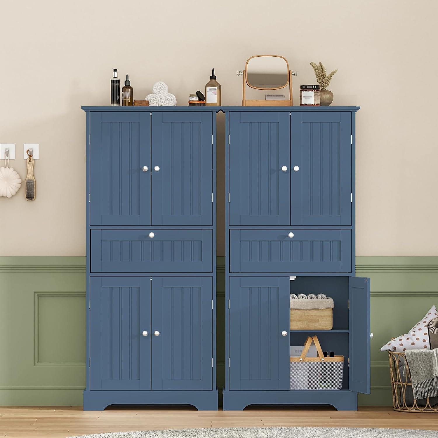 ChooChoo 51' H Tall Bathroom Floor Cabinet, Modern Bathroom Storage Cabinet with Drawer and Adjustable Shelves, Freestanding Kitchen Pantry Cupboard with 4 Doors for Living Room, Blue