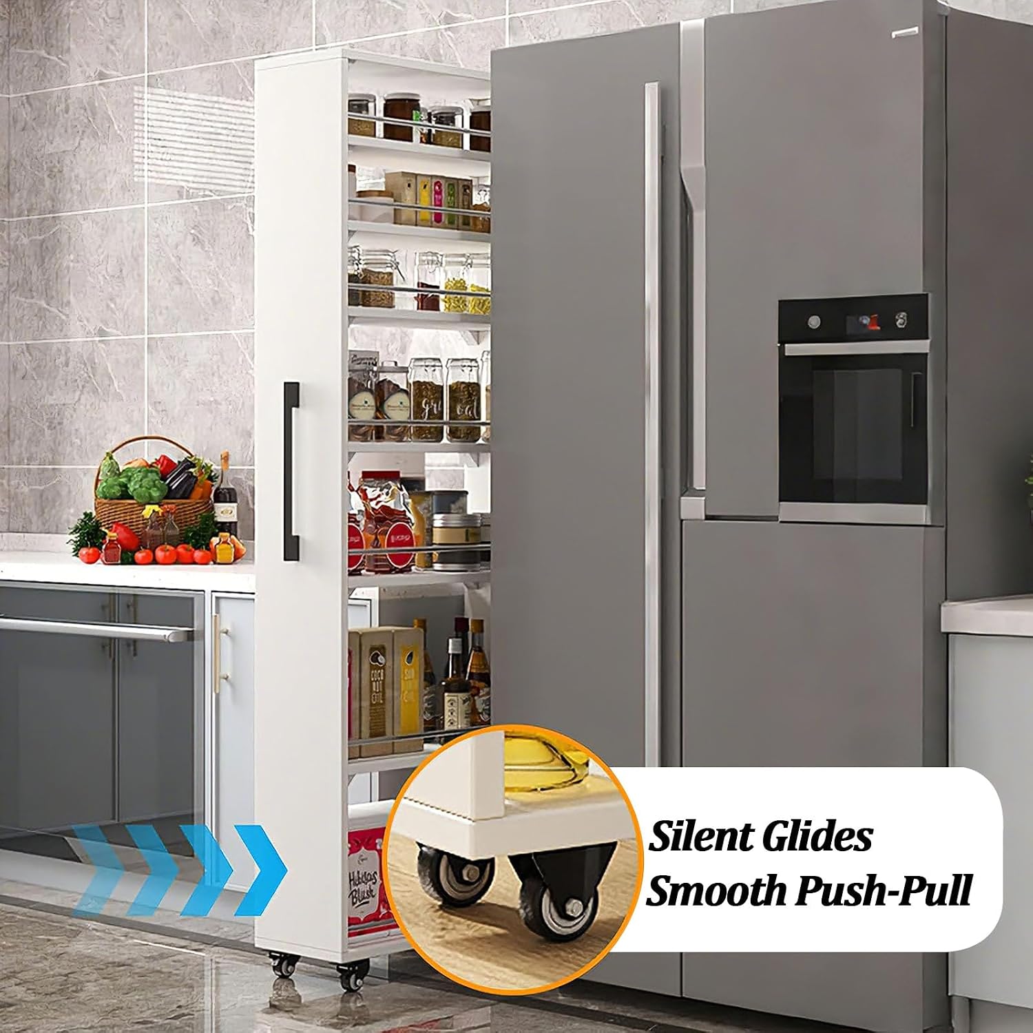 7 Tier Slim Storage Cart,Rolling Spice Rack Next to Fridge Slim,Kitchen Rolling Cart,Narrow Storage Cabinet, Wood Storage Organizer,for Kitchen,Bakers,Black,W7.9×D17.7×H72.4