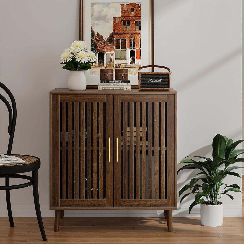 Buffet Cabinet with Storage Walnut Sideboard with Grille Doors&Adjustable Shelf, Wood Coffee Bar Storage Cabinet for Kitchen Living Room Entryway (31.5 Inch)