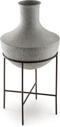 Signature Design by Ashley Estonbank Vase, Distressed Cream Metal Floor Vase with Espresso Brown Stand, for Faux Florals & Seasonal Indoor Outdoor Decor, 14.13' W x 14.13' D x 28.5' H