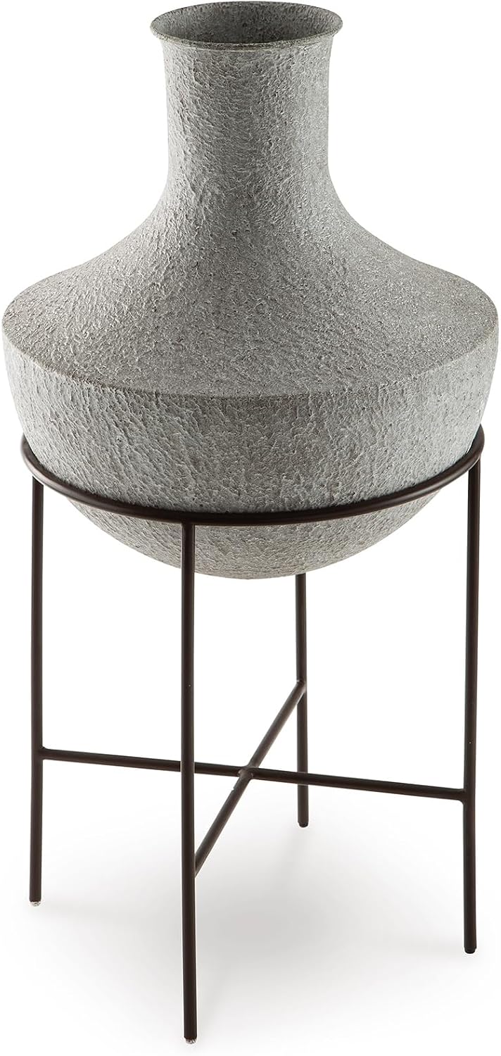Signature Design by Ashley Estonbank Vase, Distressed Cream Metal Floor Vase with Espresso Brown Stand, for Faux Florals & Seasonal Indoor Outdoor Decor, 14.13' W x 14.13' D x 28.5' H
