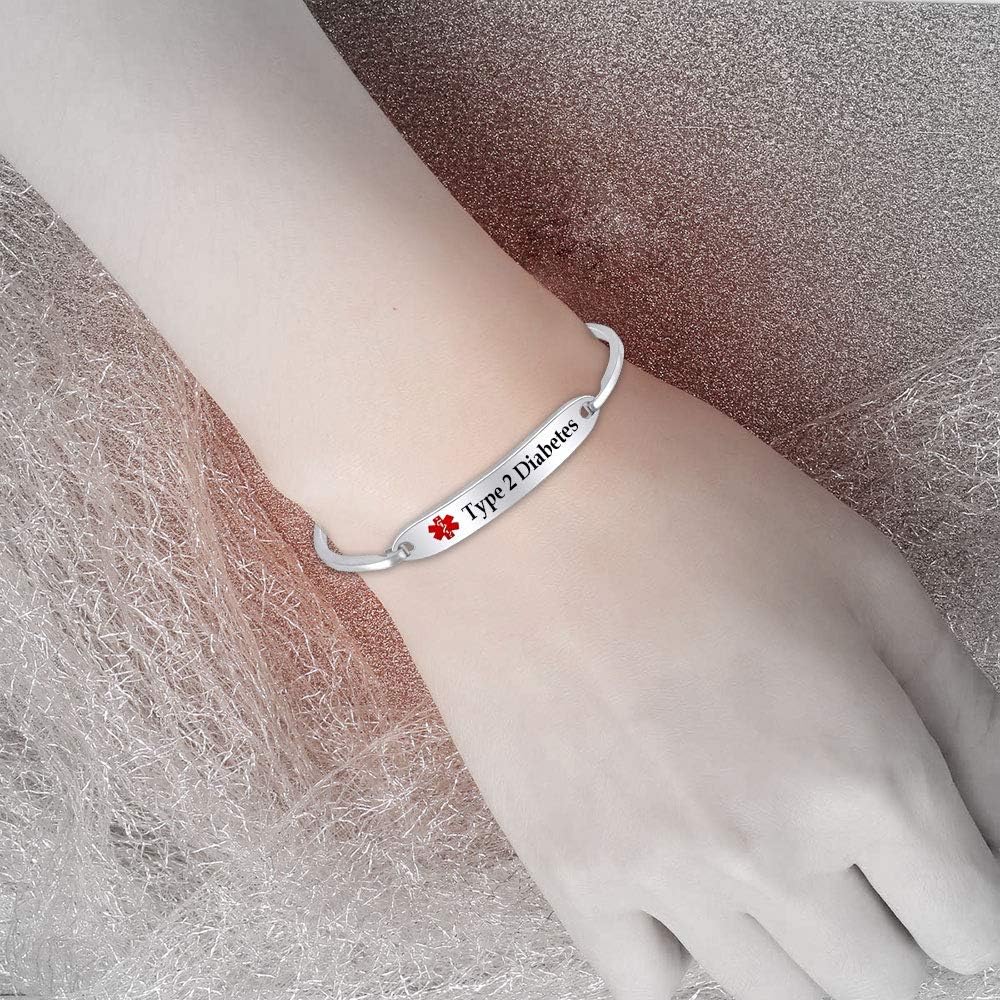 AFFY Customizable Engraving Medical Alert ID Bracelet Men Women Personalized 925 Sterling Silver Bangle Beacelet 7.5 Inch