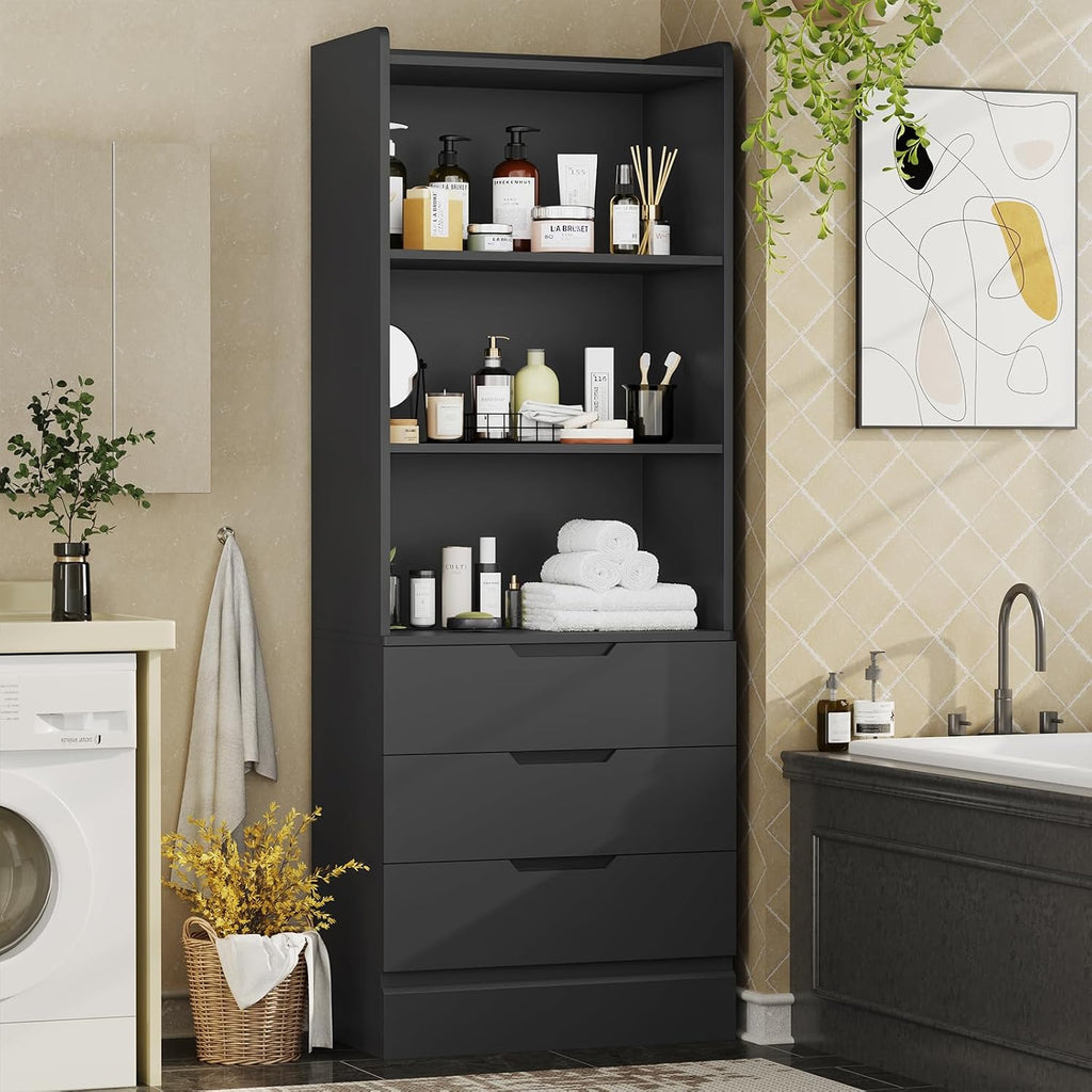 DICTAC Bookcase with 3 Drawers and Shelves 73.23'' Tall Bookshelf with Storage Modern Wood Closet Drawers System,Closet Organizer Unit Freestanding Tall Storage Cabinet for Home Office,Bathroom,Black