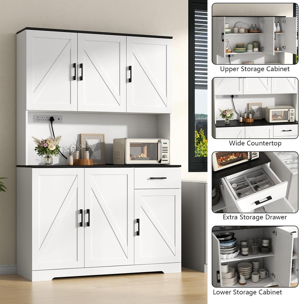 Gyfimoie 71'' Farmhouse Kitchen Pantry Cabinet, Tall Storage Cabinet with Power Outlet, Freestanding Hutch with Drawer, 4 Adjustable Shelf & 6 Doors for Kitchen Living Room (White)