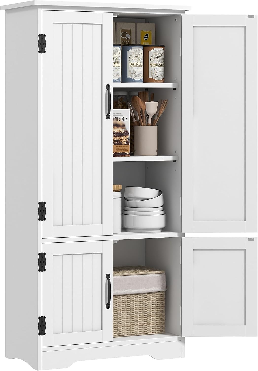 HOMCOM 48.5' Kitchen Pantry Cabinet with 2 Adjustable Shelves and 4 Beadboard Doors, Compact Farmhouse Kitchen Storage Cabinet for Dining Room, White