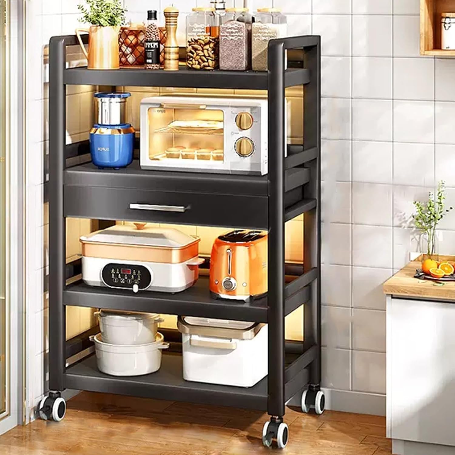 Kitchen Floor Cupboard Tall Storage Cabinet with Flip Doors Adjustable Shelves Kitchen Storage Sideboard with Countertop Free Standing，Microwave Oven Stand, Black Baker's Rack with Drawer, R