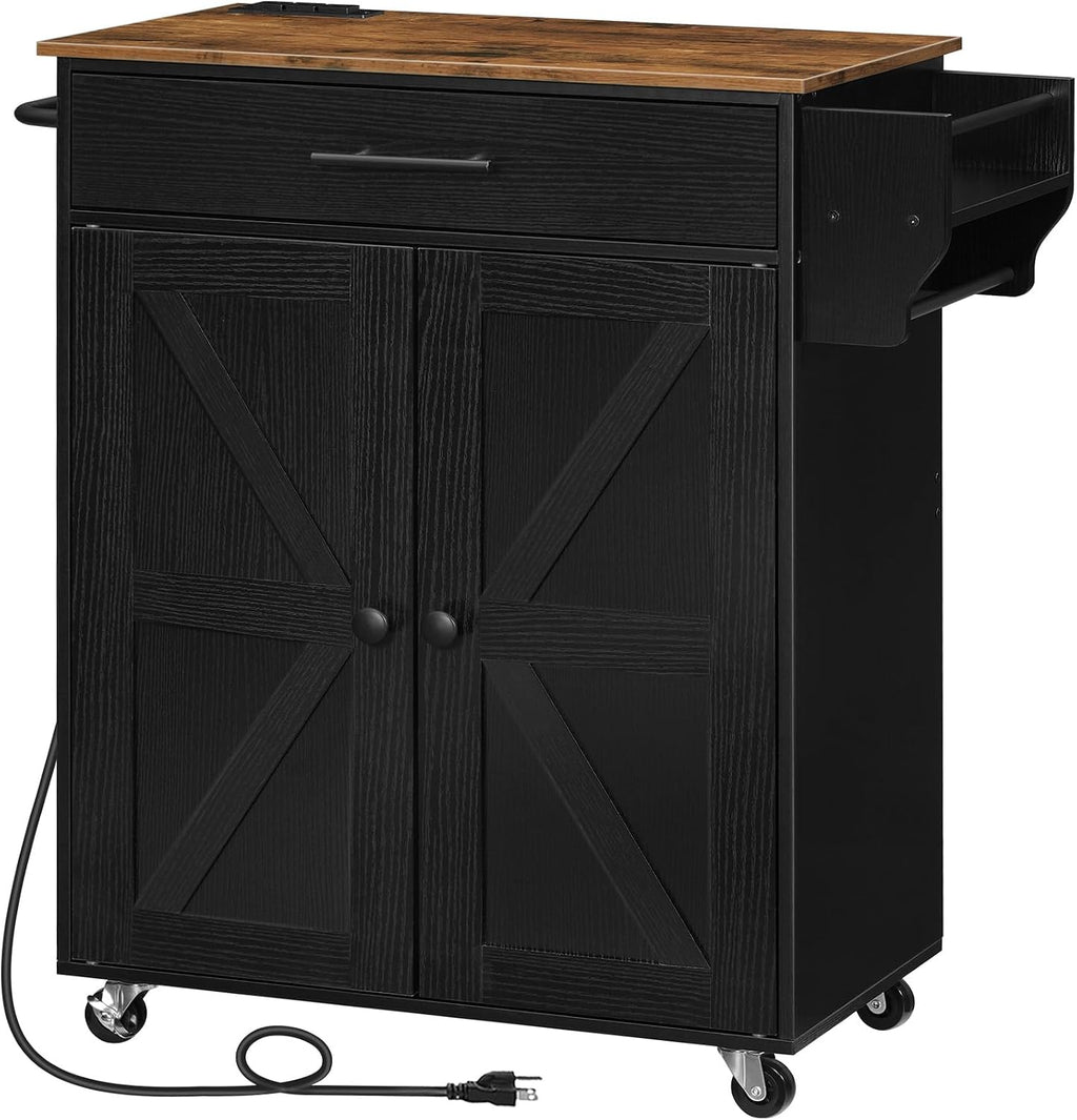 HOOBRO Kitchen Island with Power Outlet, Rolling Kitchen Island with Large Worktop, Kitchen Island Cart with Spice Rack and Drawer, Island Table for Dining Room, Rustic Brown and Black BF88UZD01