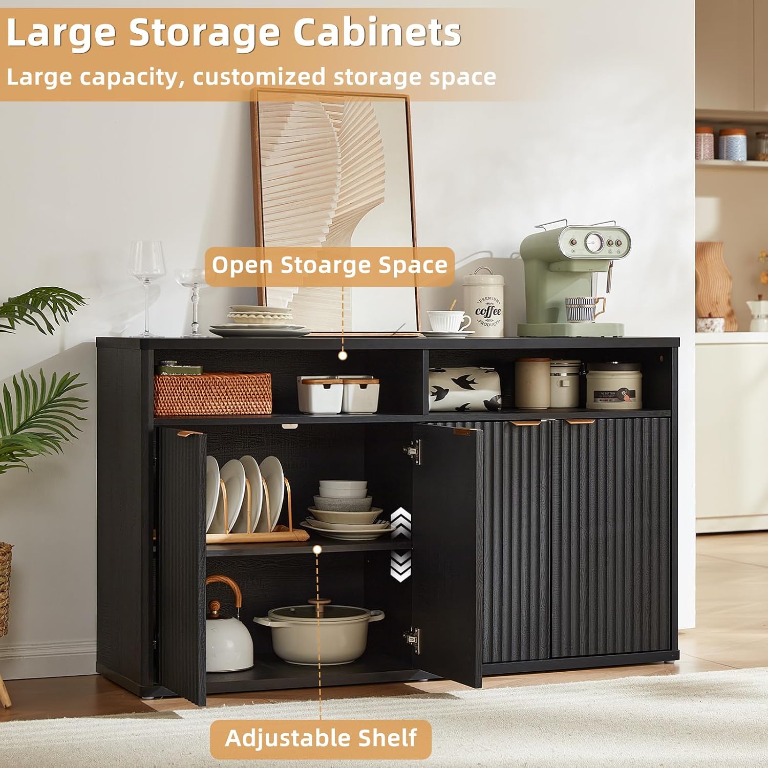 LEYAOYAO Fluted Buffet Cabinet with Storage, 55' Wide Wood Sideboard Credenza with 4 Doors & Open Storage Shelf, Modern Kitchen Console Accent Cabinets, Coffee Bar Table for Dining Room, Black Oak