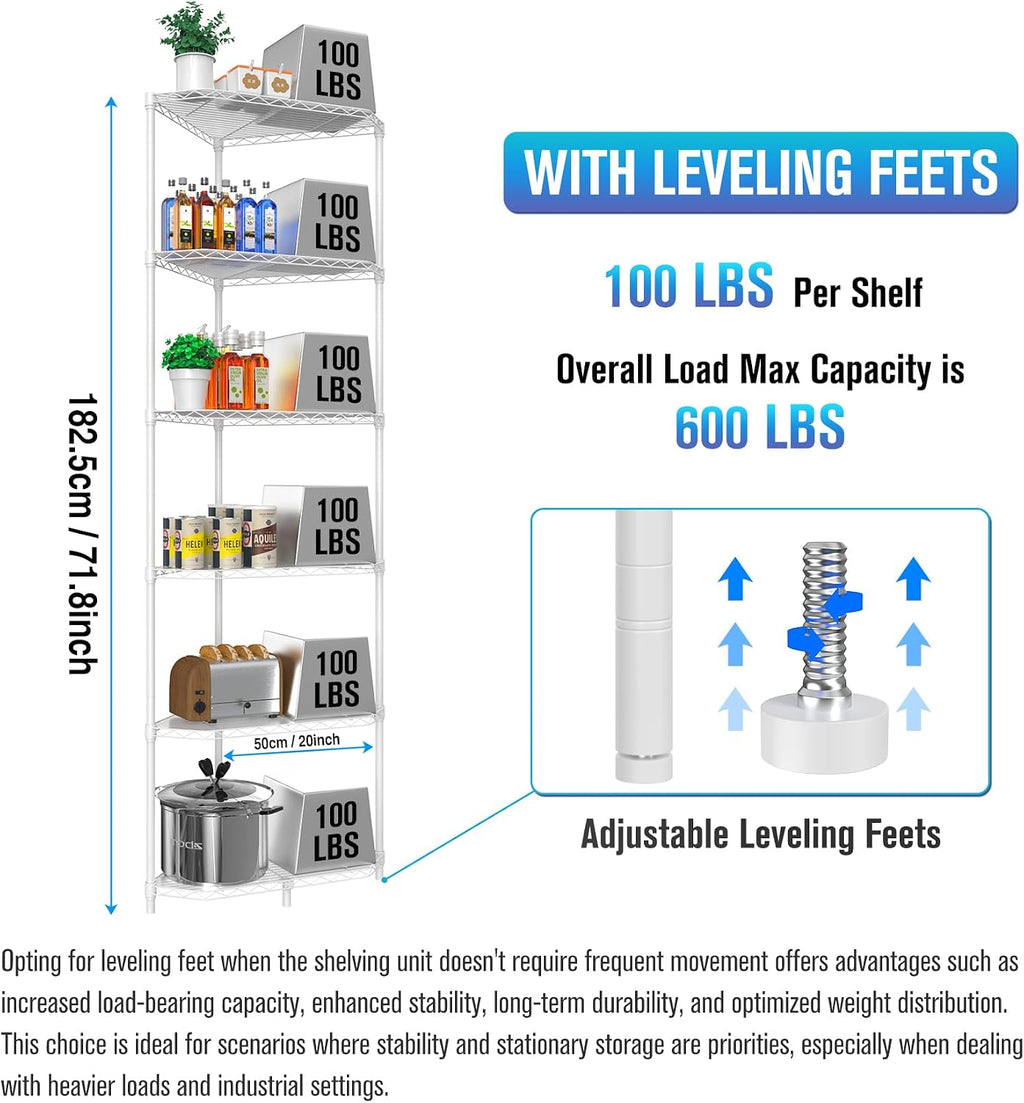 6 Tier NSF Corner Wire Shelf Shelving Unit, 20 x 20 x 72 Inch 600lbs Capacity Heavy Duty Adjustable Metal Storage Rack with Leveling Feet & Shelf Liners for Office Kitchen Bathroom and More - White