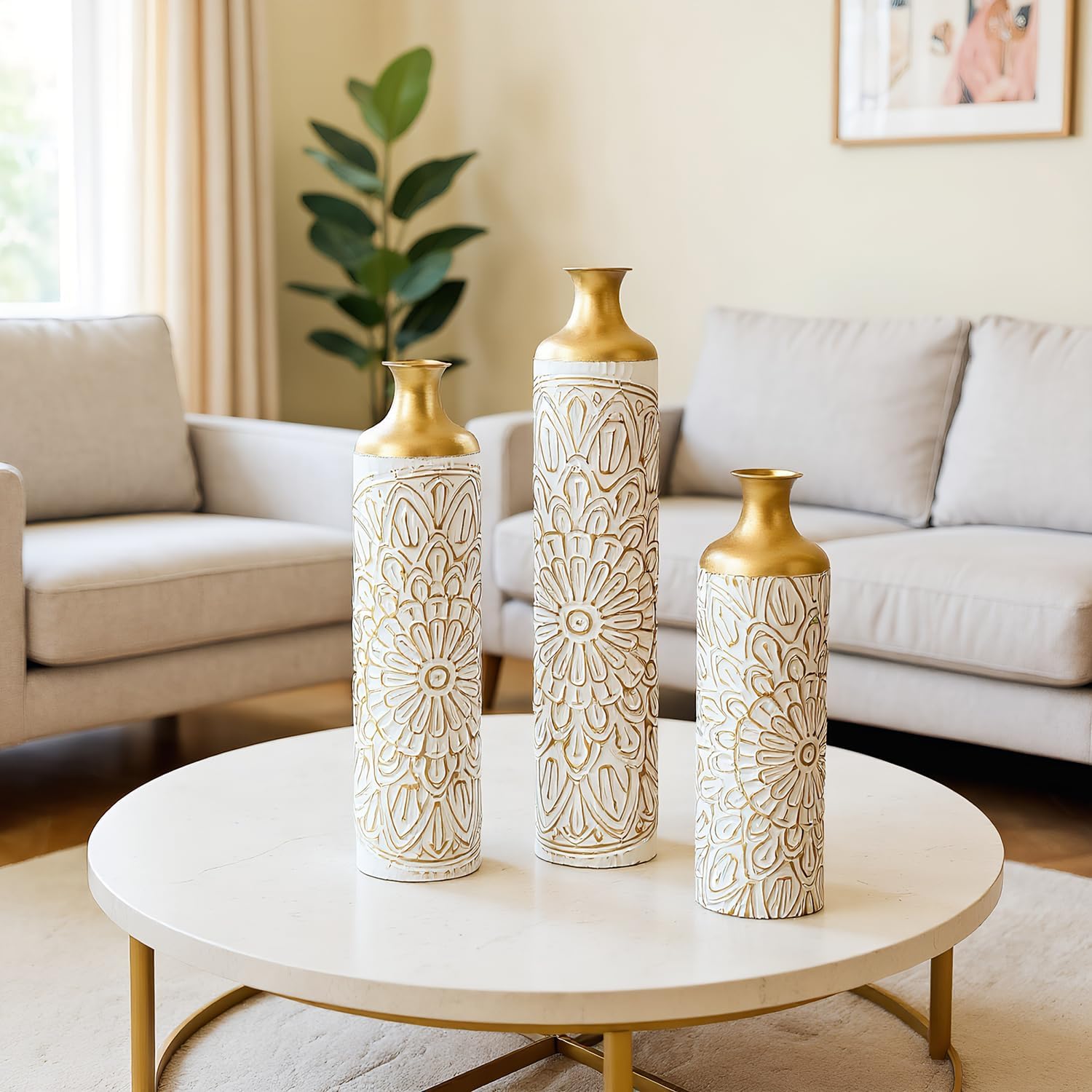 Luxury 3-Piece Floor Metal Vase Set - White & Gold Droplet Shaped Decor for Sophisticated Home Styling - Large Glazed Metal Vases to Impress Guests